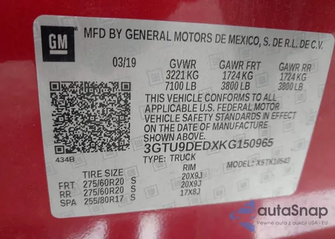 2019 GMC Sierra 1500 Slt z USA, uszkodzony, nr VIN 3GTU9DEDXKG150965